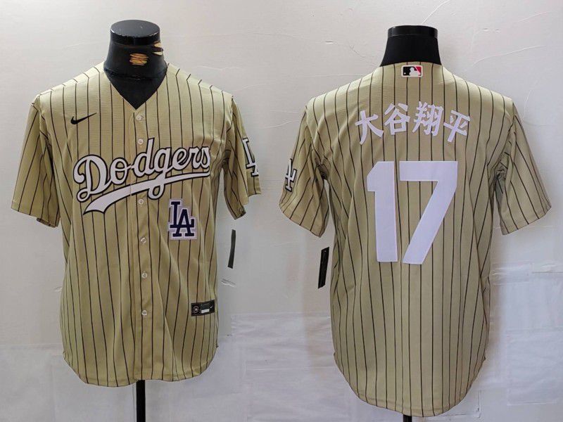 Men Los Angeles Dodgers #17 Ohtani Green Stripe Fashion Nike Game MLB Jersey style 7061